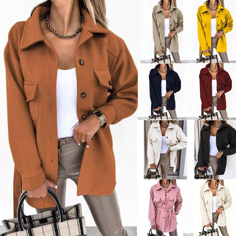 Cross-Border 2026 Autumn and Winter European and American Style Elegant Belted Waist Jacket for Women, Loose Lapel Single-Breasted Long-Sleeve Woolen Coat