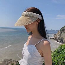 帽子女夏季新款草帽珍珠空顶帽韩版高级感遮阳帽百搭显脸小防晒帽