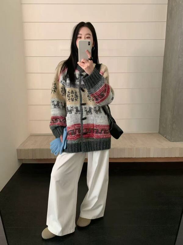 民族复古风费尔岛提花毛衣外套女秋冬设计感围巾飘带针织开衫1321|undefined