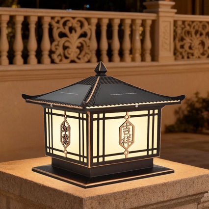 Solar Column Head Lamp Outdoor Waterproof Chinese Courtyard Wall Lamp House Garden Gate Landscape Decorative Lawn Lamp