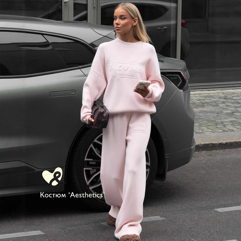 Aliexpress Hot Selling European and American Loose Round Neck Letter Embroidered Sweater Loose Straight Pants Fashion Woolen Suit for Women