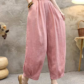 花社2026春夏新款亚麻休闲裤女文艺复古宽松百搭纯色拼接阔腿裤子