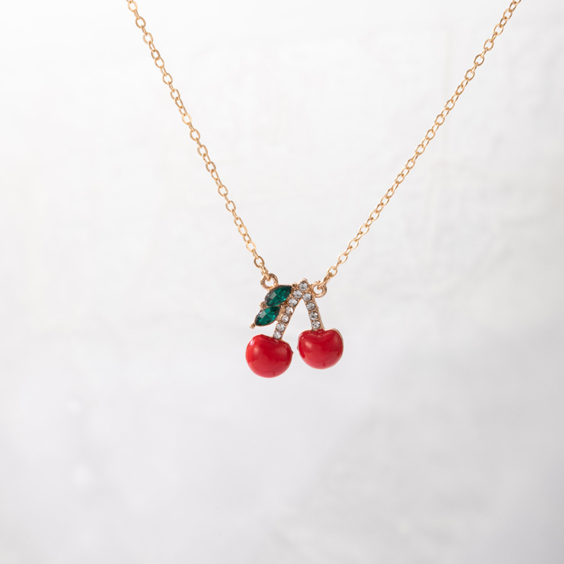 simple cute diamond cherry red mushroom drip oil single-layer necklace