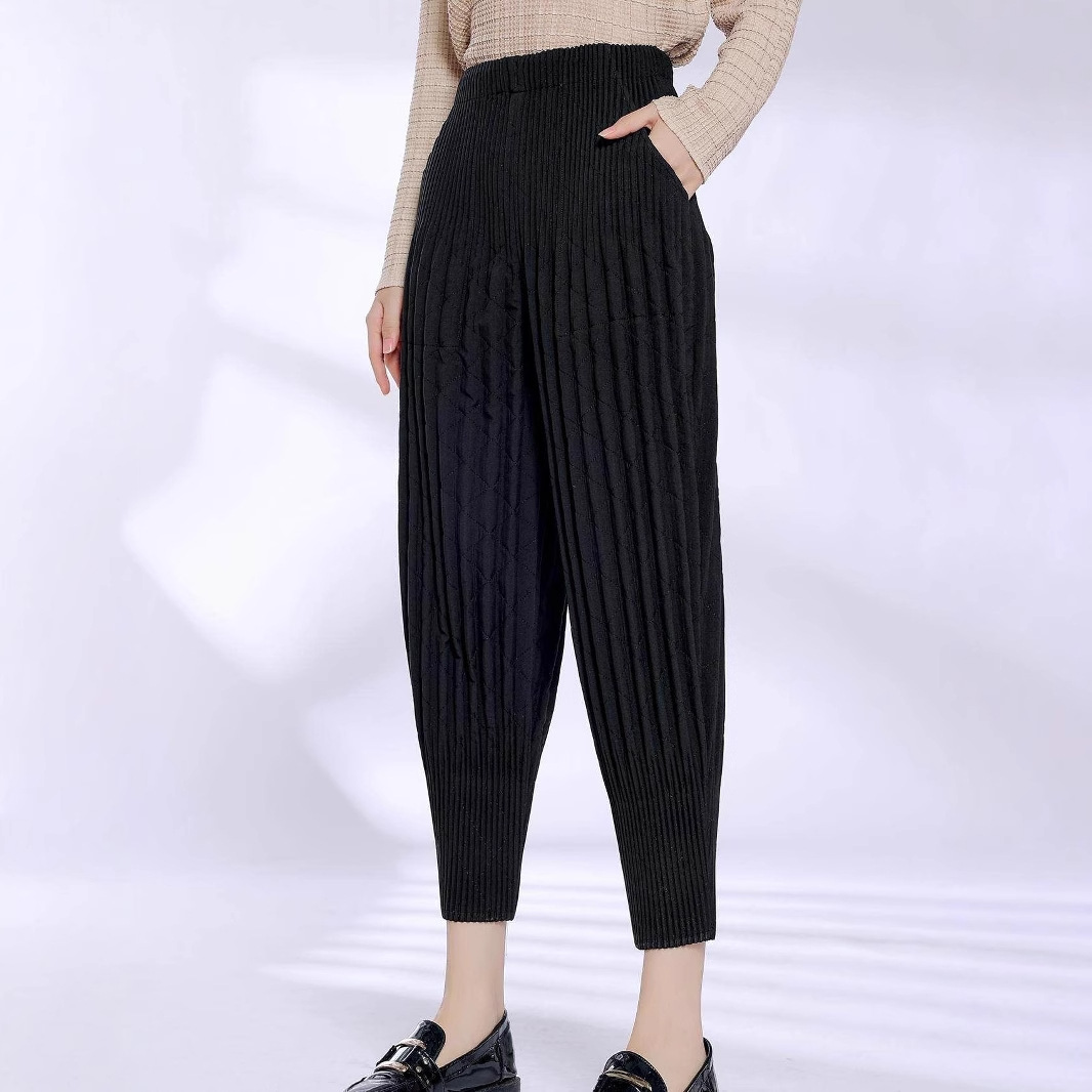 三宅褶皱加棉裤子宽松哈伦裤女秋冬厚款萝卜裤垂感显瘦棉裤批高腰
