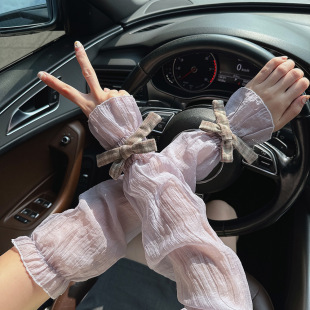 Pastoral Style Plaid Bow Sun Protection Ice Sleeve Women's High-grade Pleated Textured Sleeve Vacation Photo Collocation for Summer