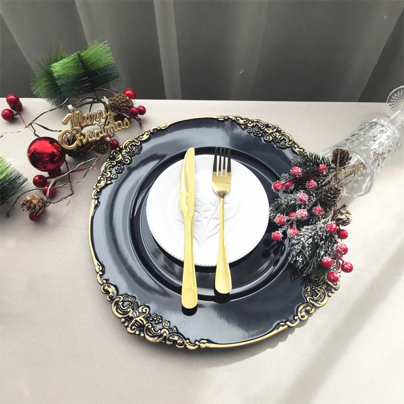 Cross-Border Charger Plates Wedding Hotel Party Dinner Gold Black Gold Edge Silver Edge Decorative Plate Manufacturer
