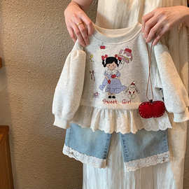 2025秋季新款女童可爱童装卡通蕾丝拼接上衣加牛仔裤两件套洋气