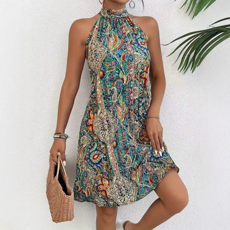 2025 Cross-Border New Women's Bohemian Style Pullover Sleeveless Halterneck Dress Beach Vacation Style