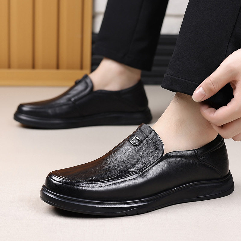 Giày da nam lười da bò mềm mũi tròn chống trượt đế dày — màu nâu, đen