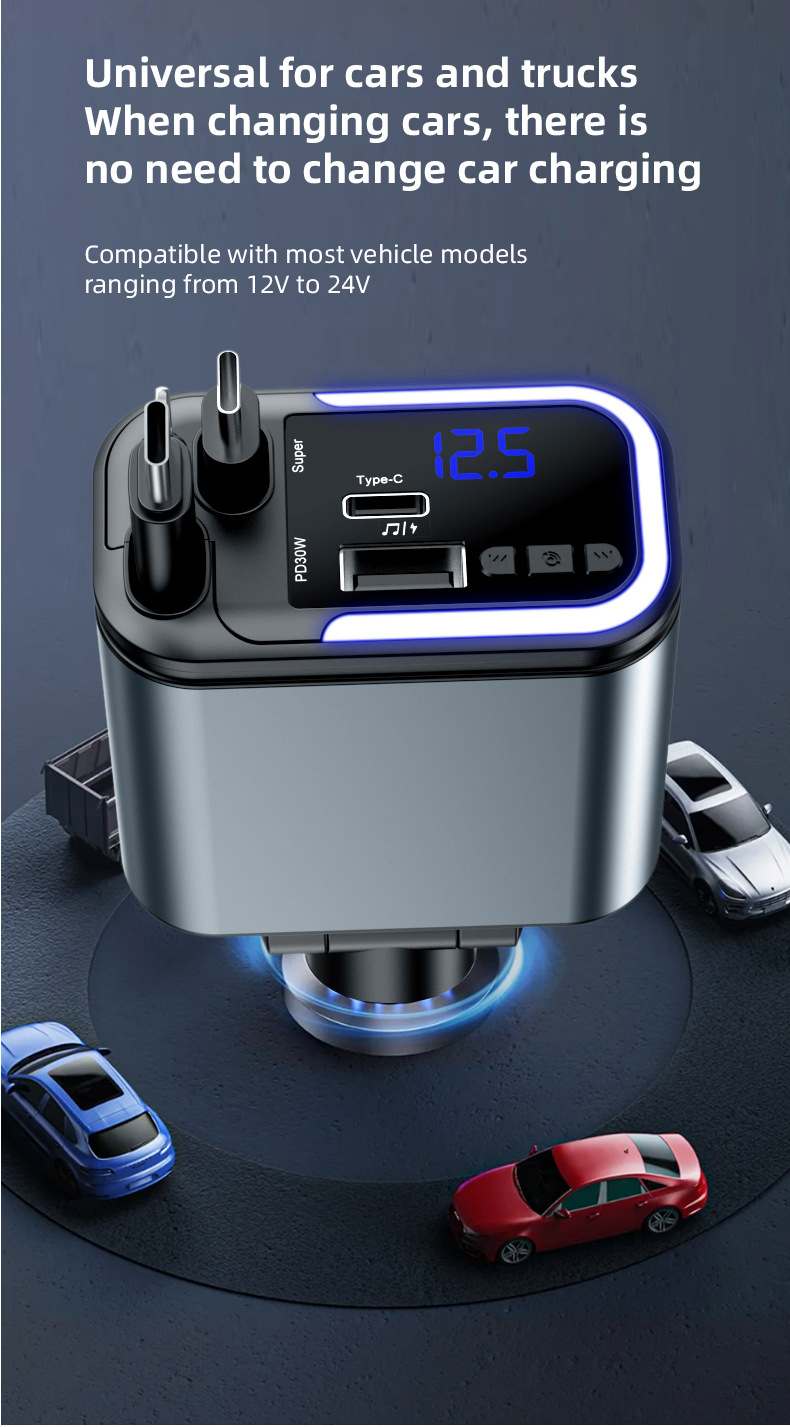Car Charger Multi-Function Fast Charging Car Mp3 Player Bluetooth Plug-In USB Disk Listening to Music with Retractable Cable Five-In-One