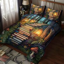 跨境三件套书籍床盖3d数码印花绗缝床来图亚马逊外贸床上用品