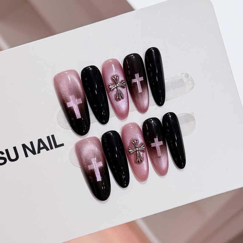 【Pink Glow】Black and Purple Chrome Hearts Cat-Eye Fashion Luxury Handmade Wearable Nails Removable Nail Stickers 【Pink Glow】Black and Purple Chrome Hearts Cat-Eye Fashion Luxury Handmade Wearable Nails Removable Nail Stickers