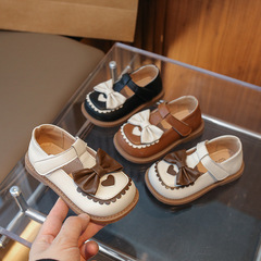 Girls' Single Shoes 2024 Spring and Autumn New Cute Girls' Butterfly Knot Princess Shoes for Middle Children Children Small Leather Shoes Trendy