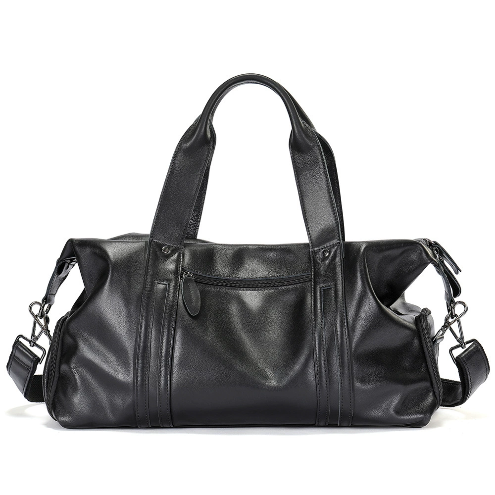 Leather sports travel bag, capacious luggage sports bag for training, cowhide
