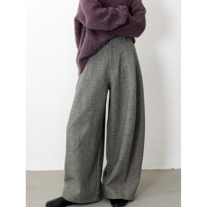 Woolen stonewort pants, wool yarn-dyed knitted base, autumn and winter silhouette, voluminous casual pants, curved wide-leg long pants for women Woolen stonewort pants, wool yarn-dyed knitted base, autumn and winter silhouette, voluminous casual pants, curved wide-leg long pants for women
