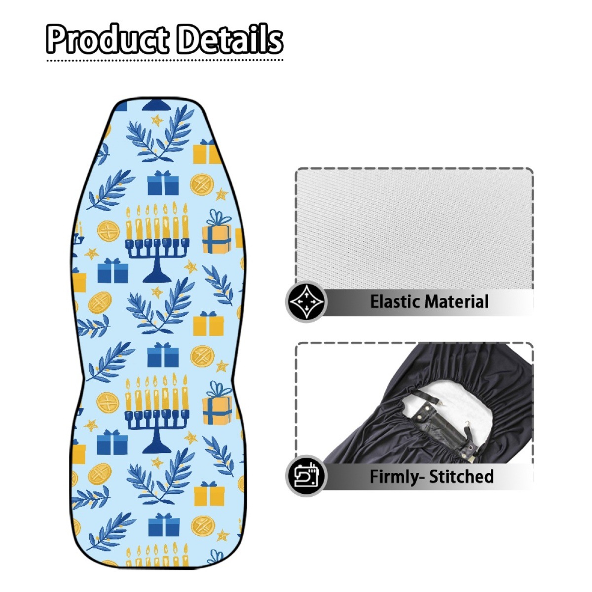 Amazon's best-selling car seat covers feature a Hanukkah candle print design and are custom-made with a non-slip backing. This set includes two pieces for the front seats