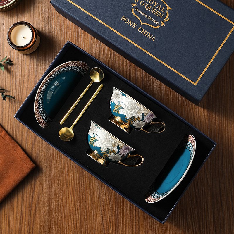 Conjunto de tazas y platos de café de porcelana de hueso, tazas de té de la tarde, caja de regalo de cumpleaños, regalo de boda.