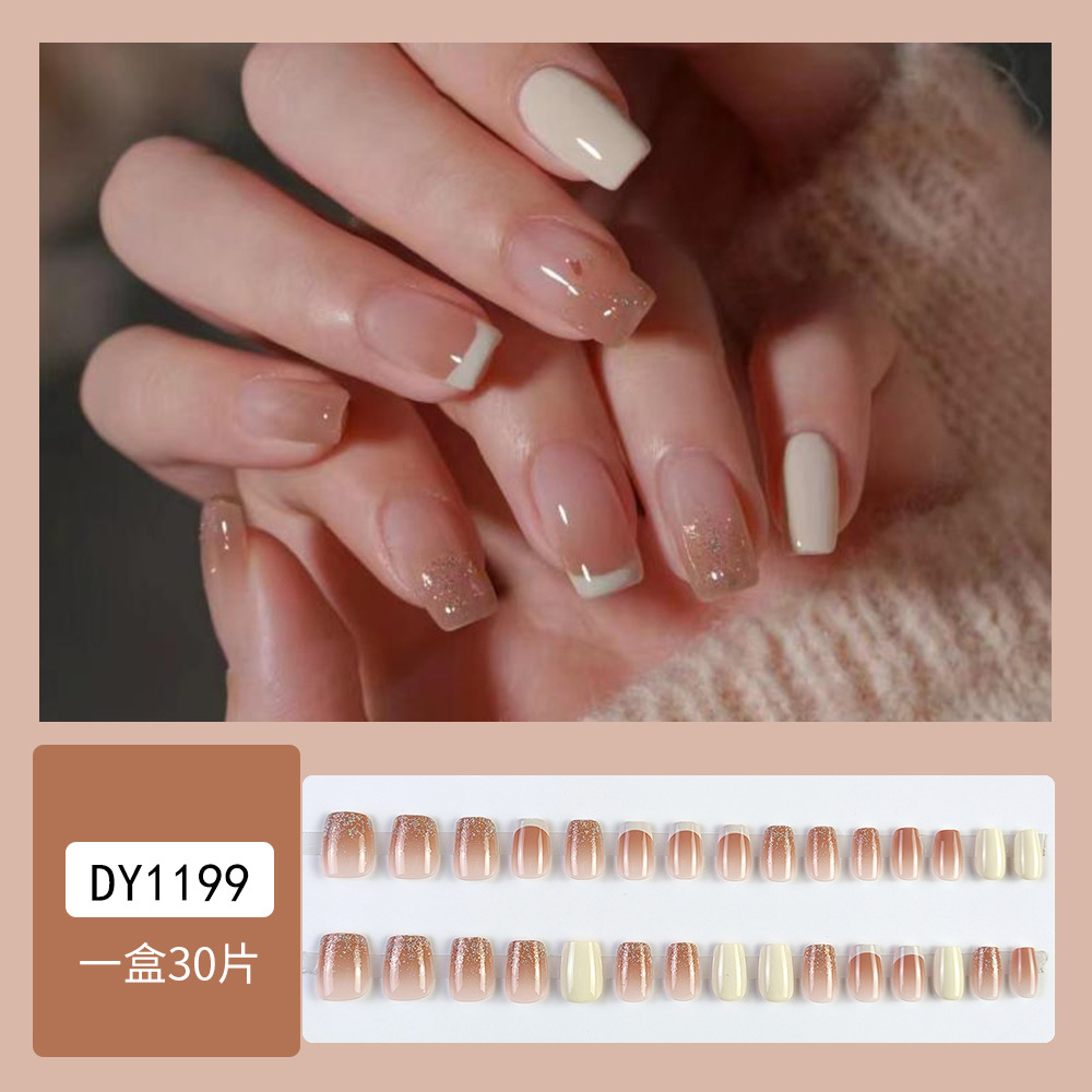 30 piezas de parche de uñas terminadas, leche de champagne, manicure blanca francesa, suave y dulce, trapezoidal corta, uñas para usar image 7