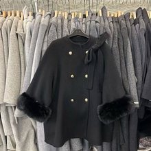 法式仿狐狸毛斗篷毛呢外套女2025冬季新款双面呢羽绒服中长款大衣