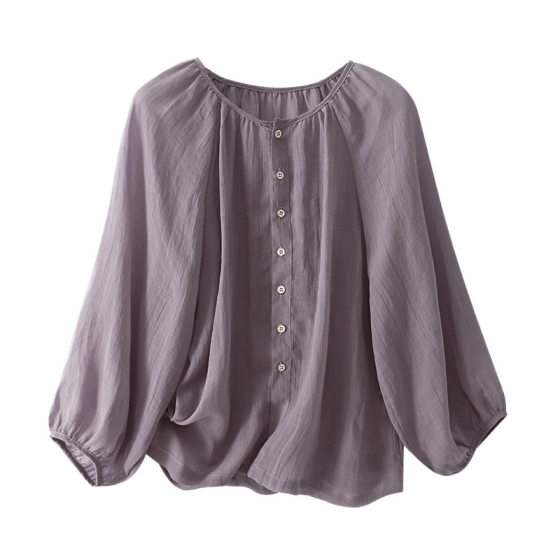 Real Shot New Style High Branch Encryption Ramie Seven-point Sleeve Round Neck Shirt Women's Loose Shirt