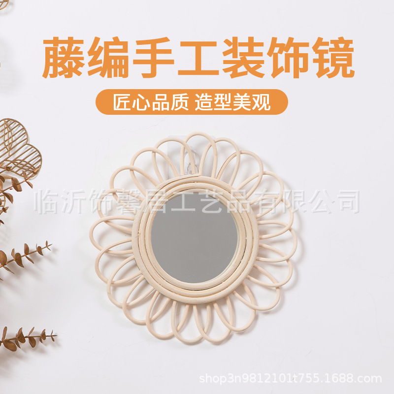 Espejo de ratán nórdico cama y desayuno pared colgante vestidor espejo tejido a mano fotografía arte tiro espejo decorativo