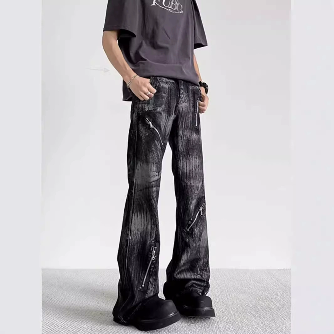 Американские высокие улицы с застежкой-молнией, красящие джинсы, красивые и жареные уличные штаны высокого уровня чувство дизайна