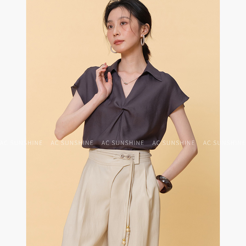 Ac Sunshine Simple Pullover Shirt with Twist Design and Silk-Like Short-Sleeve Top for Women Summer 19633 Ac Sunshine Simple Pullover Shirt with Twist Design and Silk-Like Short-Sleeve Top for Women Summer 19633