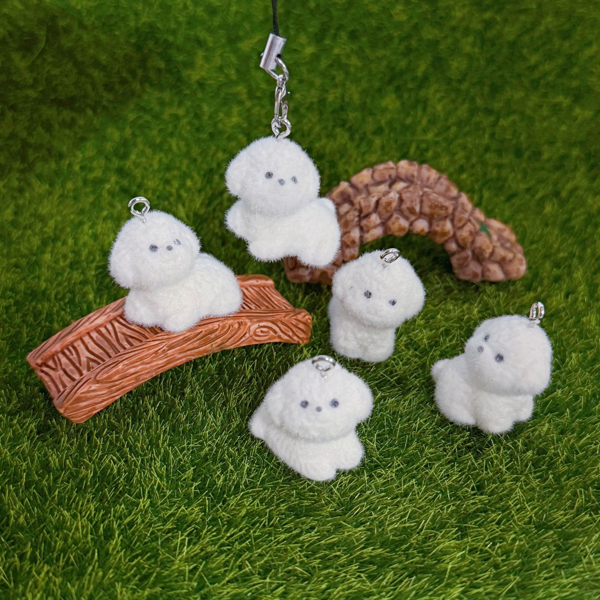 인기있는 입체 벨벳 비숑 개 수지 개 펜던트 인형 휴대 전화 펜던트 DIY 키 체인 쥬얼리 도매