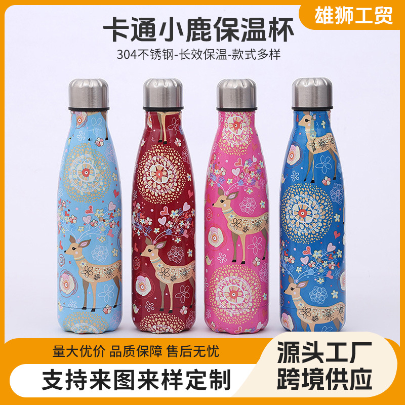 Nuevo 304 termo de acero inoxidable taza de dibujos animados ciervos botella de Coca-cola deportes al aire libre taza de agua termo botella de suministro al por mayor