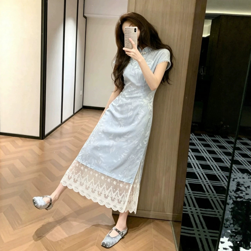 New Chinese-Style Improved Qipao Dress 2026 New Model for Young Girls, Slim Fit Lace Patchwork Dress