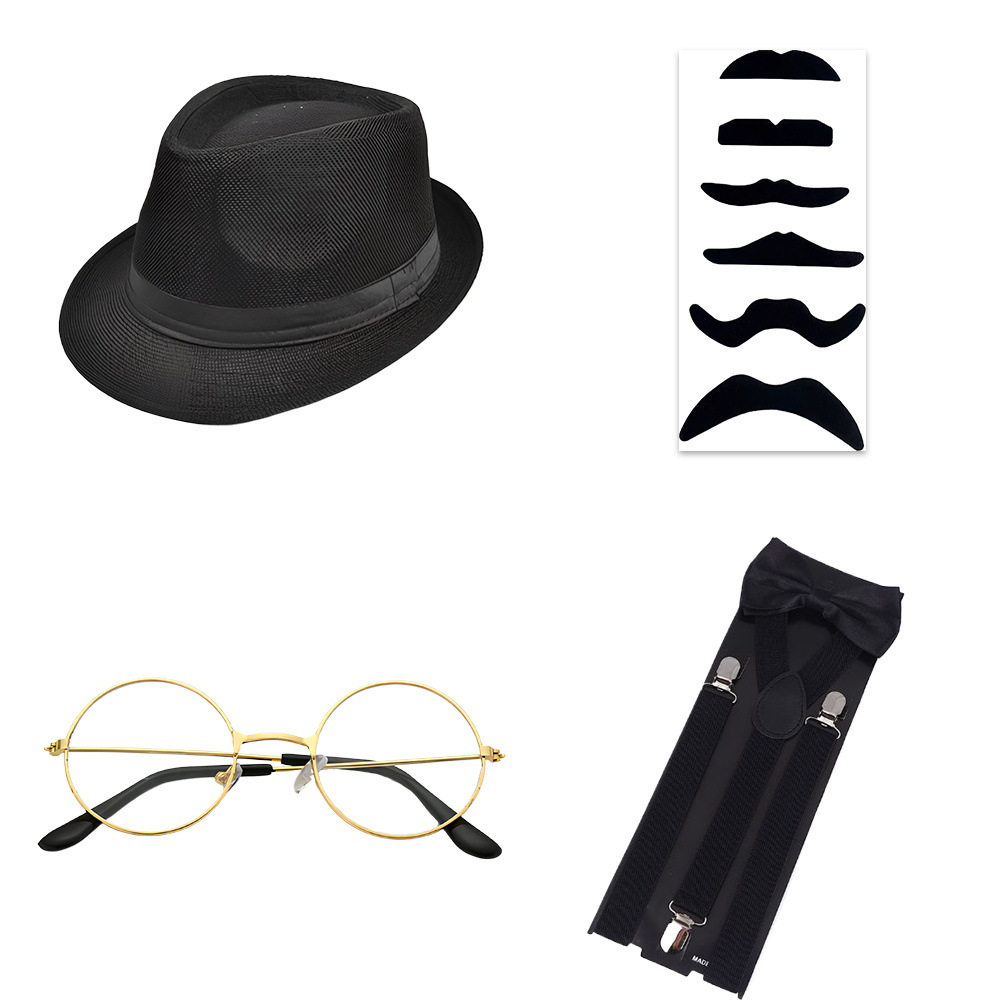 1920s Gatsby Party Dress Up Correa Reloj de bolsillo Barba falsa Traje Vestido de moda Sombrero de copa Corbata Años 20