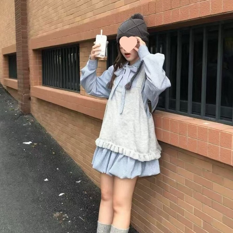 韩系复古格子蝴蝶结系带衬衫裙显瘦花苞裙女背心甜美套装秋季纽扣|undefined