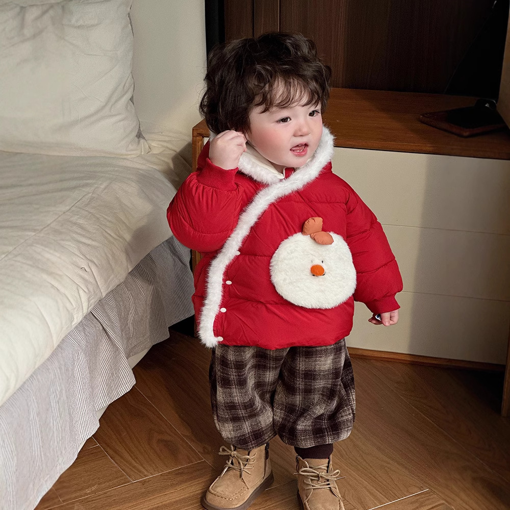 Ropa de algodón de invierno para bebés y niños pequeños, Navidad engrosada, cálida, cómoda y suave, ropa de Año Nuevo para bebés, ropa de salida roja con capucha
