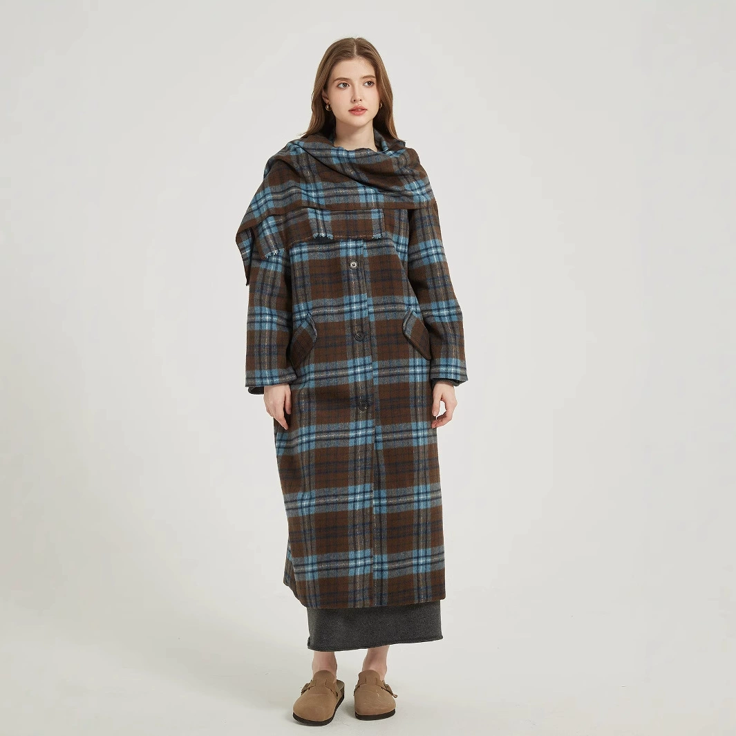 Трансграничная женская оптовая продажа европейский и американский стиль свободный повседневный клетчатый пальто осень-зима новый стиль с шарфом шерстяная куртка длинная