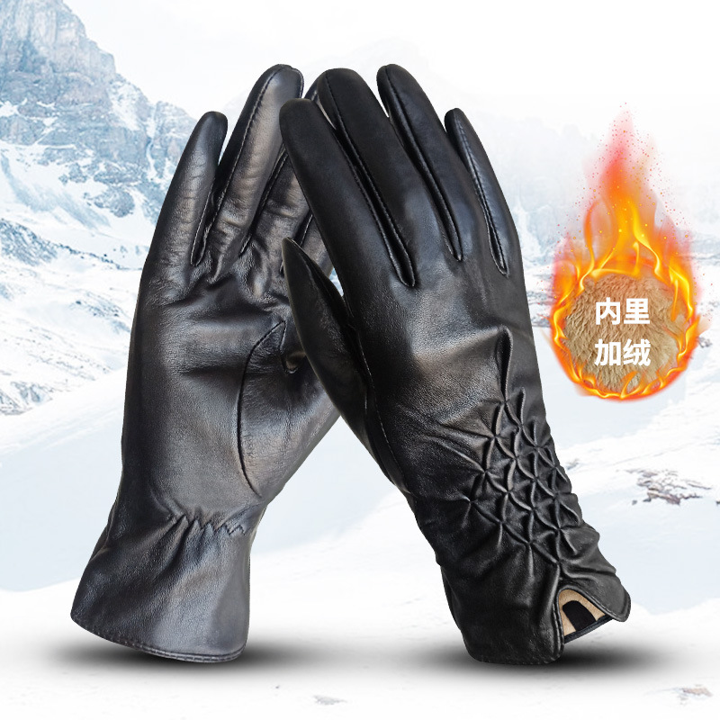 跨境專供真皮羊皮保暖手套女加絨單色冬季黑色分指手套現貨皮手套