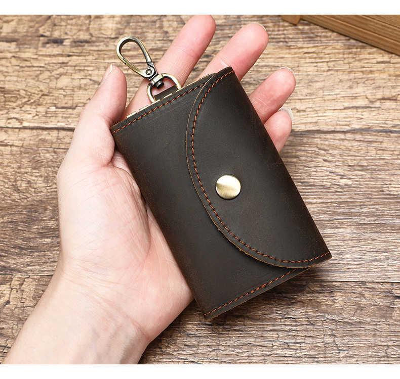 Túi đựng chìa khóa kiêm ví đựng thẻ da bò thật 7,5×1,5×11 cm — Cà phê đậm, nâu chi tiết 9