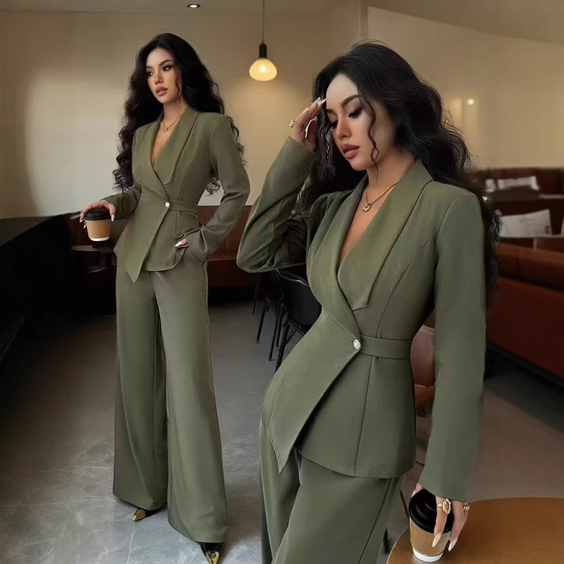 2026 European and American Women's Fashion Spring and Autumn Stylish Casual Suit Solid Color V-Neck Long Blazer Wide-Leg Pants Two-Piece Set 2026 European and American Women's Fashion Spring and Autumn Stylish Casual Suit Solid Color V-Neck Long Blazer Wide-Leg Pants Two-Piece Set