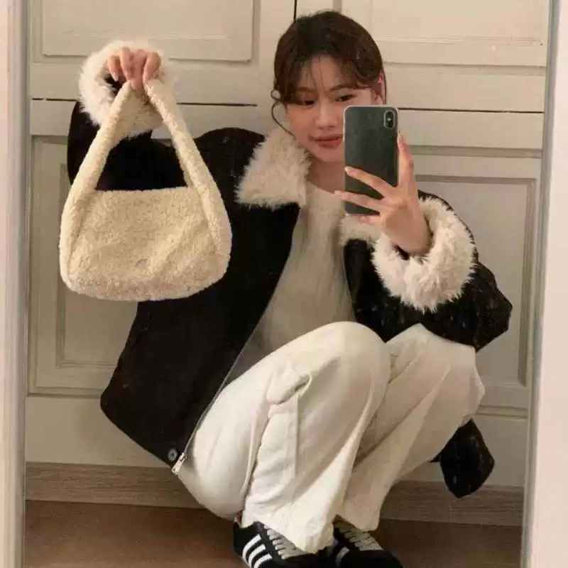 Французский ретро темперамент лацканный воротник с шерстяным воротником милый шерстяной рукав теплый хлопковый пиджак