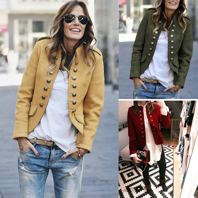 2024 Women's Casual Fashion Autumn and Winter New Button Decoration Stand Collar Long Sleeve Solid Color Cardigan Suit Warm Jacket