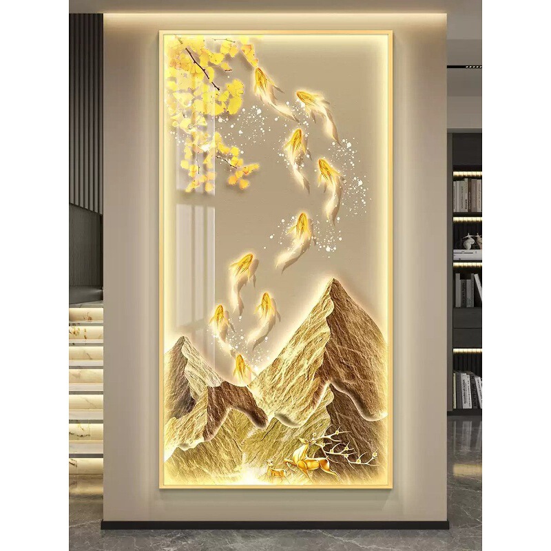 Nine Fishes Bringing Wealth LED Light Painting, Entryway Decorative Painting, Wall Art for Hallway and Corridor, Luxurious Golden Mountain Wall Painting