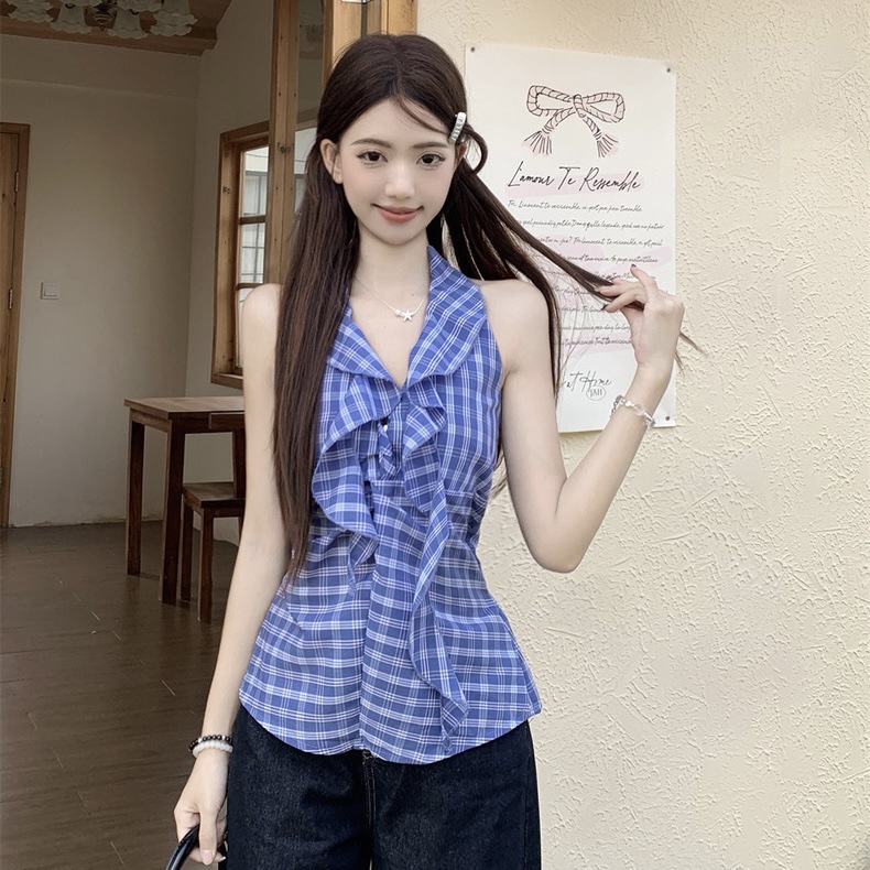 ブルーチェック柄 V ネックフリルホルターベスト女性の夏のレトロな純粋な欲望ホットガールスタイル多用途サスペンダートップ|undefined