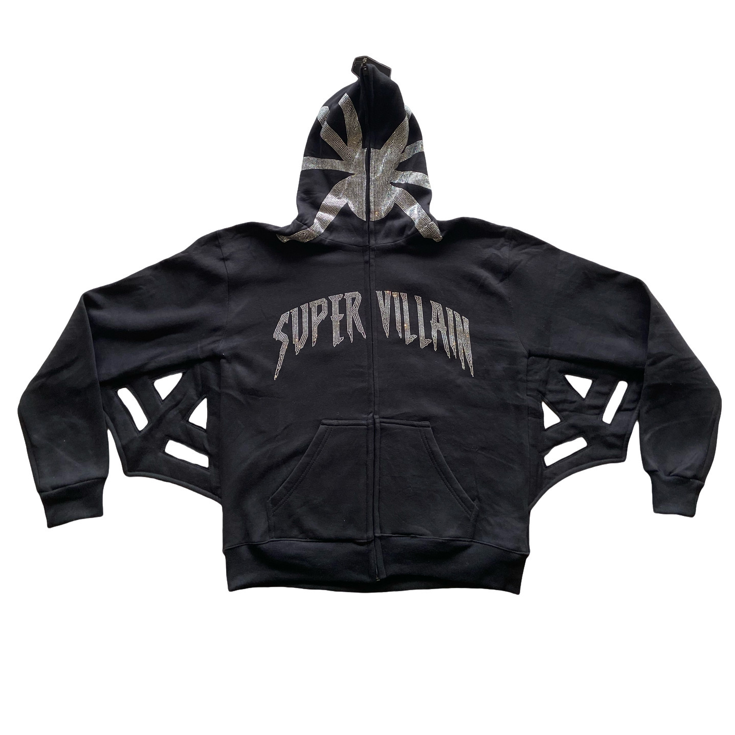 Herren-Sweatshirt mit Reißverschluss und Kapuze, Buchstaben und heißen Rauten, locker sitzende Jacke mit charakteristischen Fledermaus-Spinnennetzärmeln_voghion.com