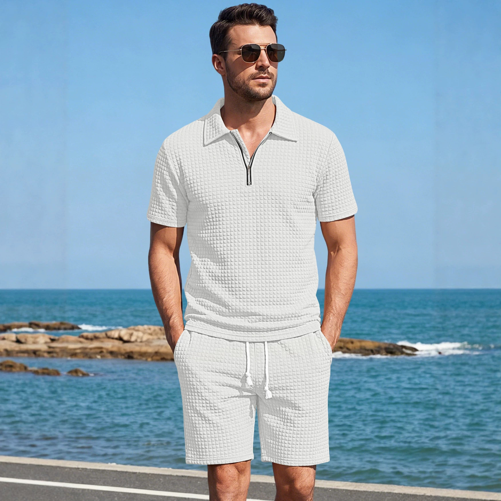 Transfronterizos Amazon verano nuevo hombre pequeño cuadrícula polo camisa de manga corta pantalones cortos trajes deportivos casuales