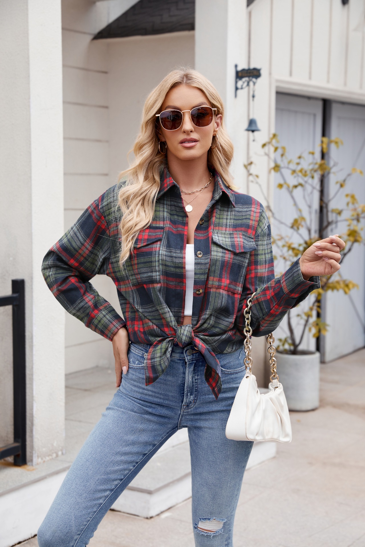 Lässiges Karohemd Für Damen Mit Taschen Für Herbst Und Winter_voghion.com
