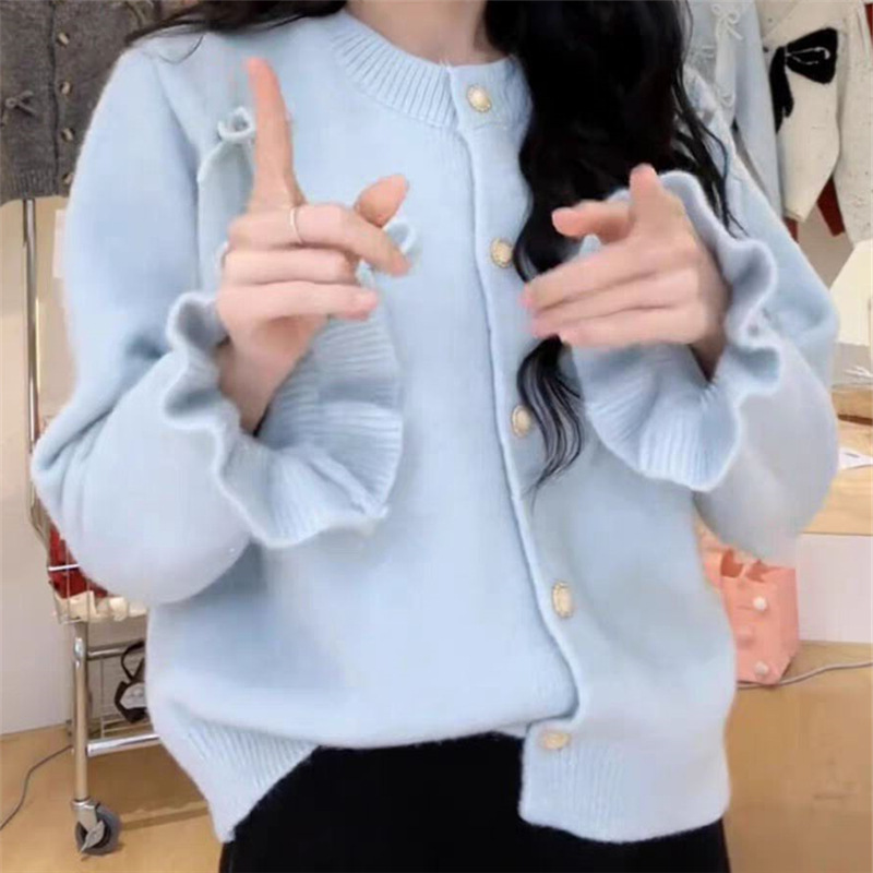 2025秋季新款韩系设计感蝴蝶结喇叭袖毛衣外套女宽松甜美针织开衫|undefined