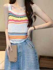 Rainbow striped suspenders striped knitted women's new summer outer wear sweet and cute pure desire short tops women's shirts