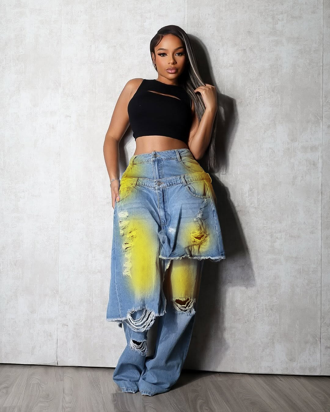 YL2568 Autumn/Winter European And American Women's Fashion Washed Ripped Spray-Dyed Loose Stretch Denim Patchwork_ecoleips.com