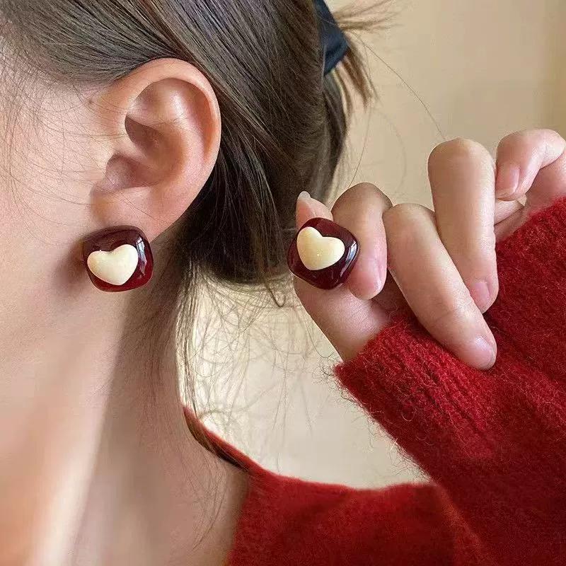 Festive red cute long demi-season earrings with bow with tassels, flowered