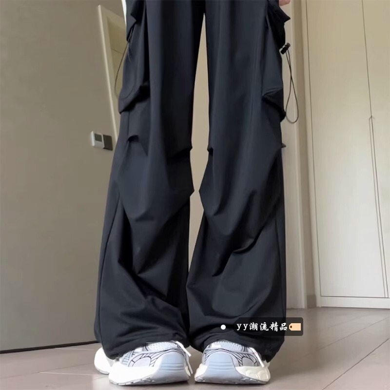 Black Parachute Cargo Pants for Women, Spring and Autumn 2024, High-Waisted Wide-Leg Pants, American-Style Sports Straight-Leg Pants, High-Waisted and Slimming