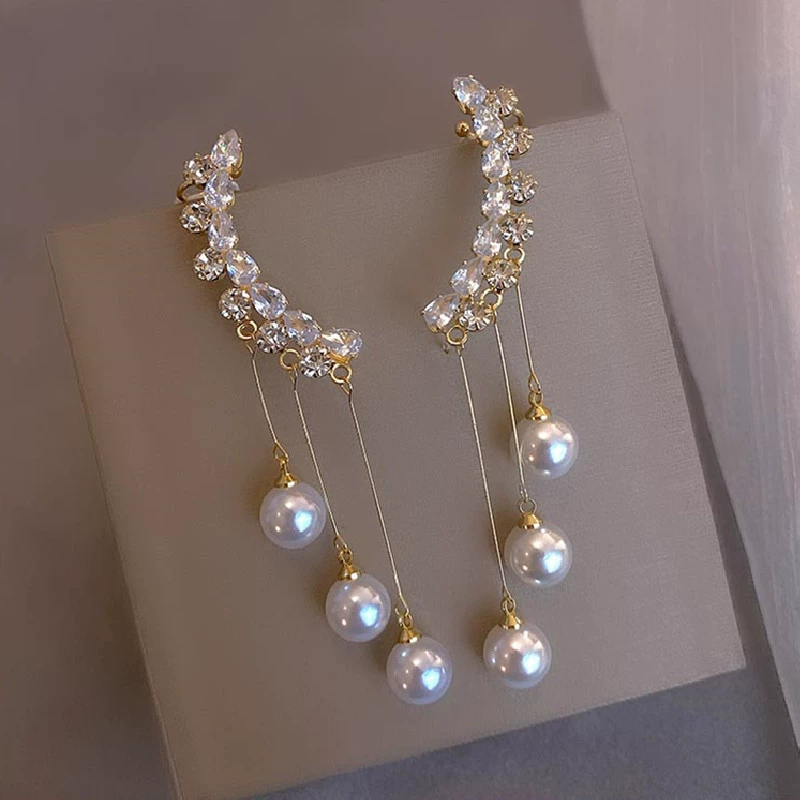 Серебряная игла, цирконий, серьги, длинные ушные зажимы с кисточками из жемчуга, серебро 925 образец, интернет-знаменитость, опт